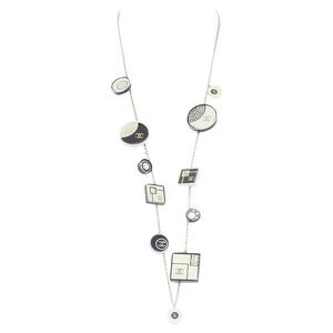 CHANEL 2008 08C black white geometric record resin charm station long necklace